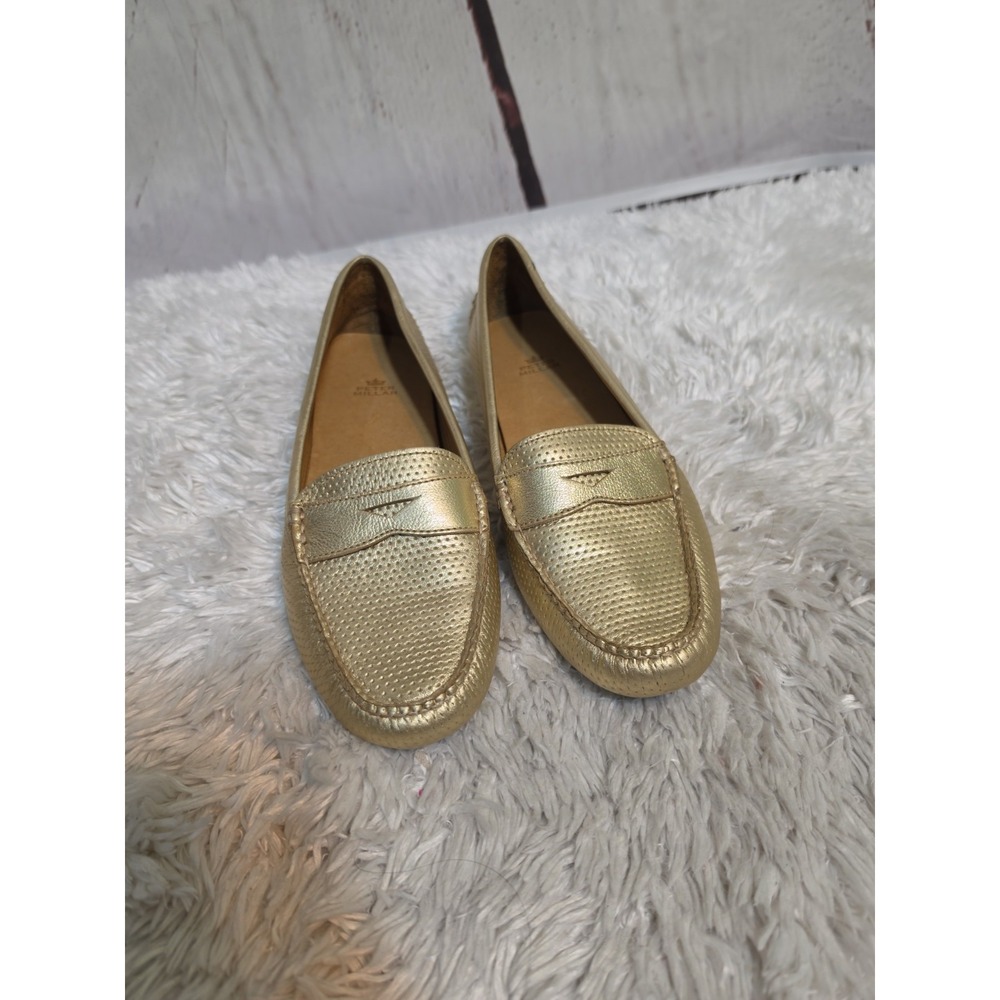 Peter Millar Womens Metallic Gold Perforated Leather Driving Loafers Shoes Sz 7